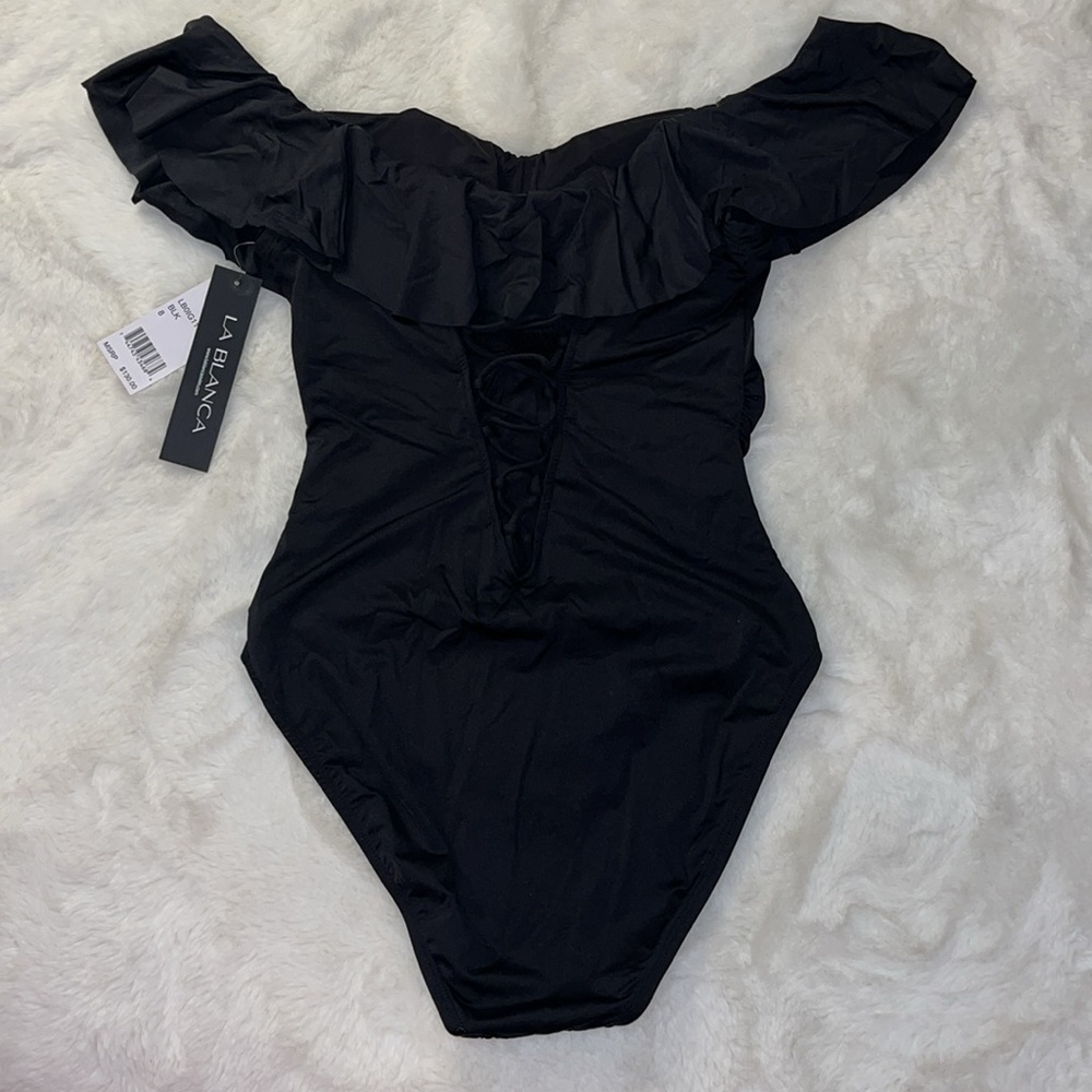 NWT La Blanca Island Goddess Black Off the Shoulder One Piece Swimsuit Size 8 - Picture 6 of 16